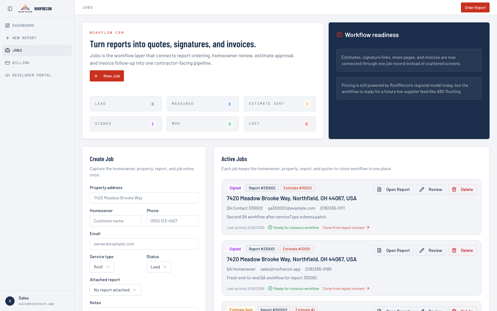 RoofRecon Jobs workspace showing siding workflow